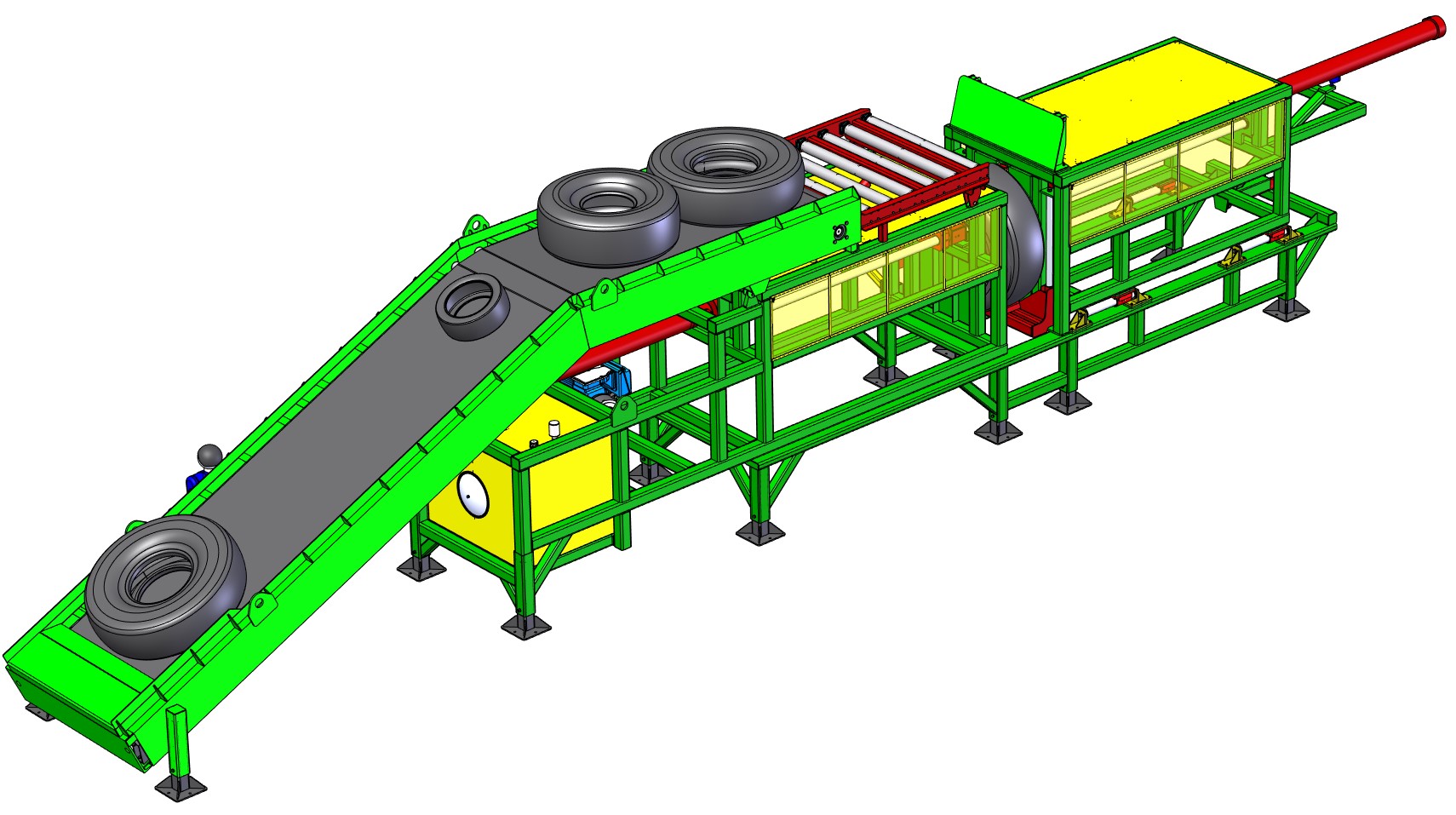 Tire Debeader with Parallel Tire Infeed Conveyor